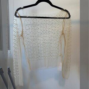 Womens Long Sleeve Boat Neck Sheer Beaded Rhinestone Blouse Shirt Cream Medium